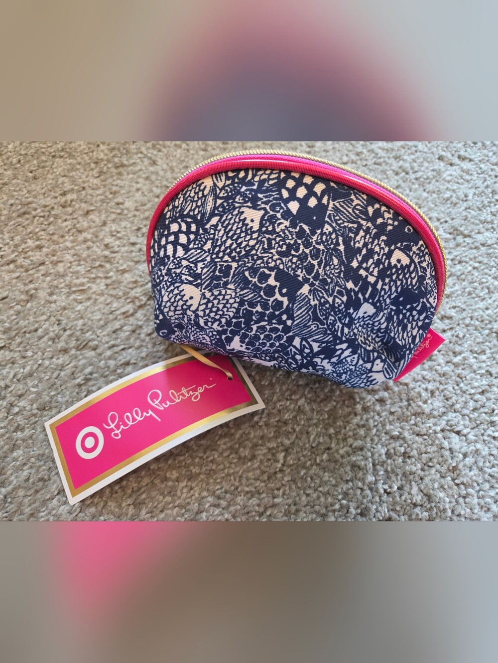 Lilly Pulitzer X Target Travel Pouch Curved Top Gold Zipper Pineapple Blue Fish